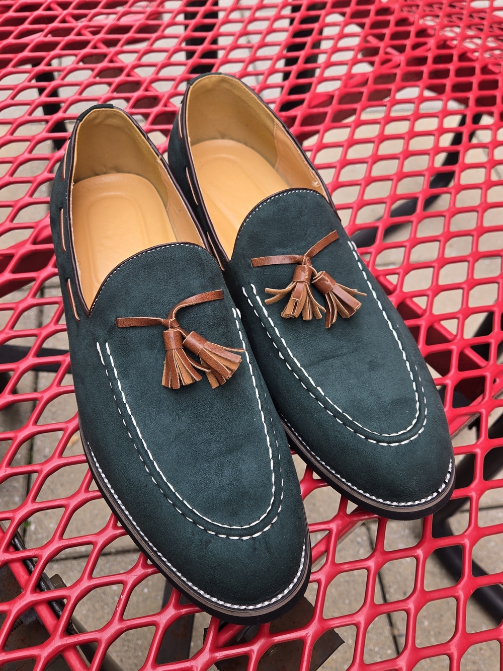 Dark Green Suede Tassel Loafers with Brown Accents. Brand of Shoes Unknown.